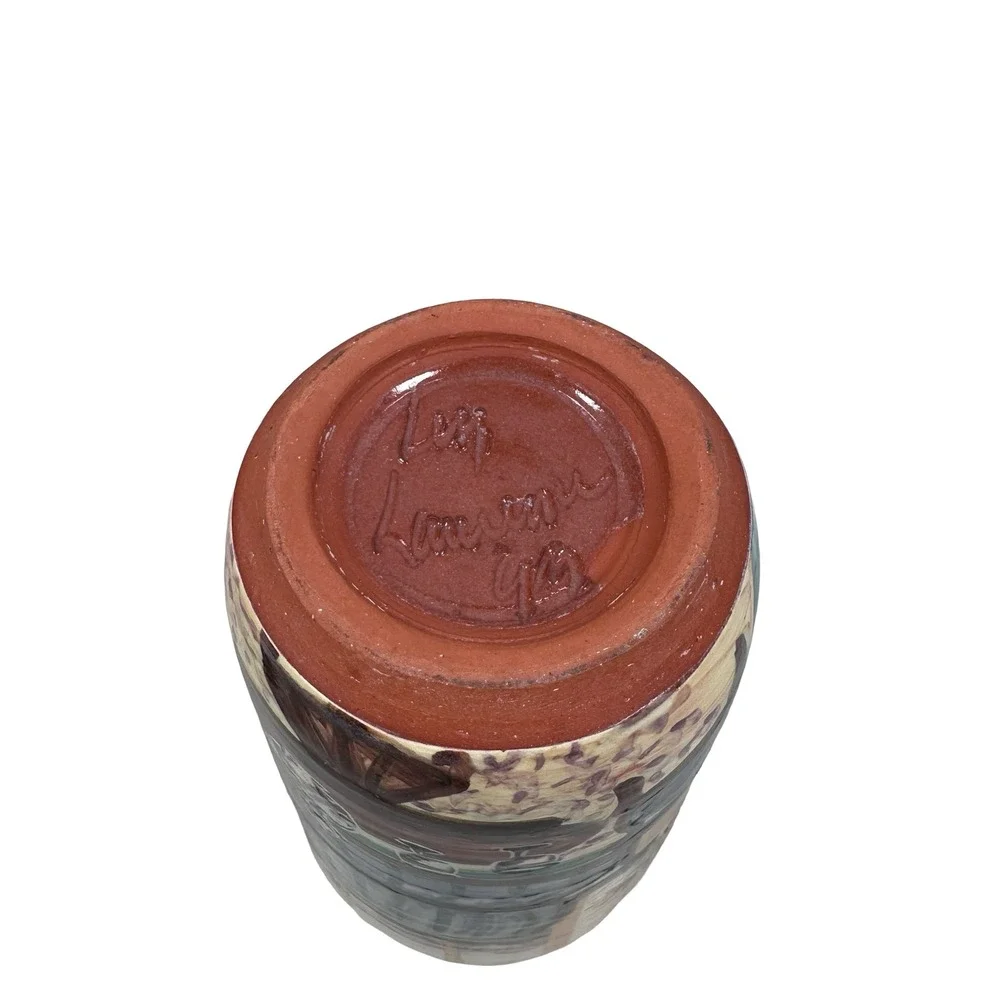 Liz‎ Lawrence Redware Pottery Vase 1992 Hand Painted Scenic Interior Landscape